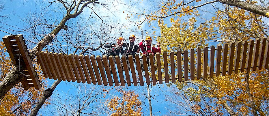 What better place to enjoy the fall foliage than in the Camp Muskoka Canopy Aerial Park! Students can build confidence and get their adrenaline pumping while climbing across monkey lines, traversing suspension bridges and soaring through the air on our 900 foot zip-line – the longest over water in Ontario.